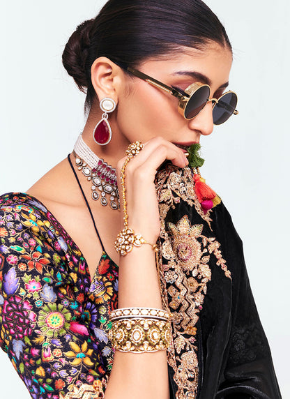 Jet Black Fancy Silk Border Work Wedding Wear Wedding Saree SW732083