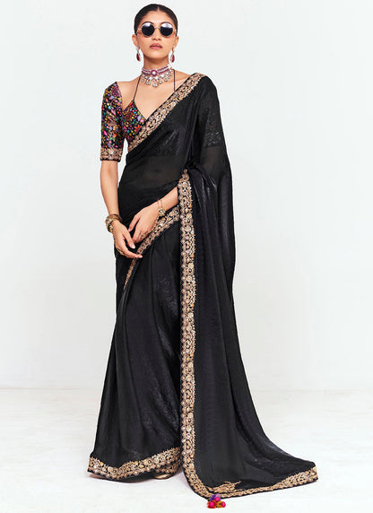 Jet Black Fancy Silk Border Work Wedding Wear Wedding Saree SW732083