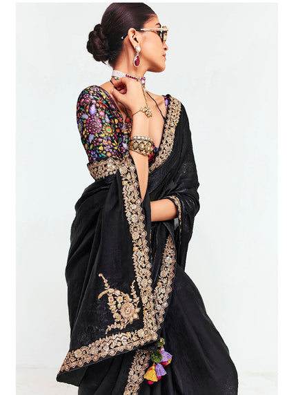 Jet Black Fancy Silk Border Work Wedding Wear Wedding Saree SW732083