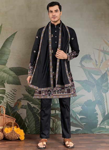 Viscose Silk Jet Black Party Wear Embroidery Work Readymade Kurta With Dupatta 377164