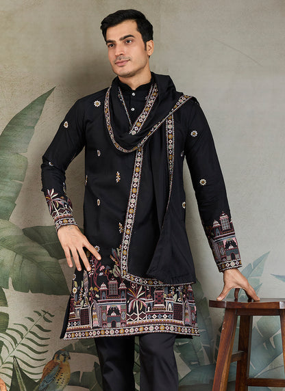 Viscose Silk Jet Black Party Wear Embroidery Work Readymade Kurta With Dupatta 377164
