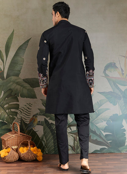 Viscose Silk Jet Black Party Wear Embroidery Work Readymade Kurta With Dupatta 377164