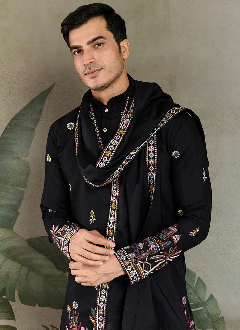 Viscose Silk Jet Black Party Wear Embroidery Work Readymade Kurta With Dupatta 377164