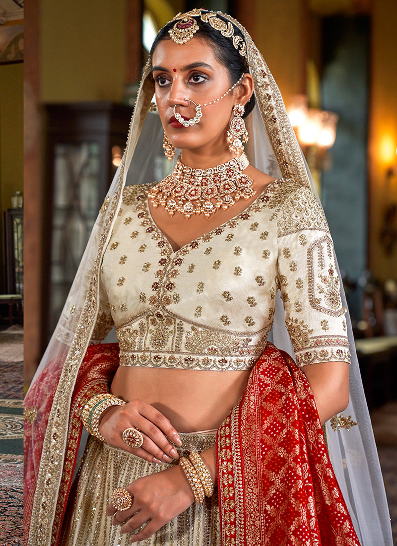 Tone Silk Off White Bridal Lehenga Choli with Sequin Work for Bridal Wear 384009