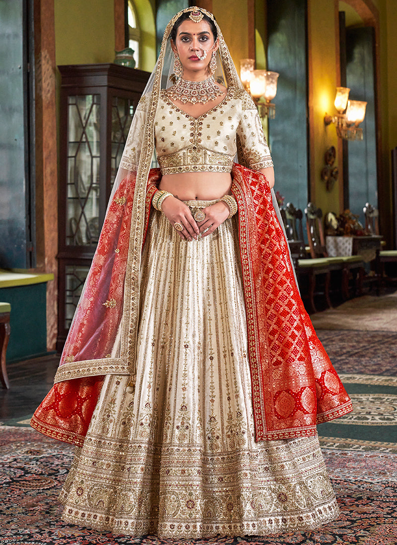 Tone Silk Off White Bridal Lehenga Choli with Sequin Work for Bridal Wear 384009