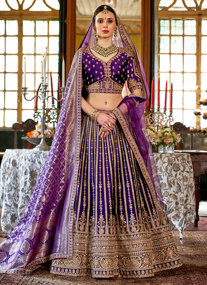 Tone Silk Royal Purple Bridal Lehenga Choli with Sequin Work for Bridal Wear 384010