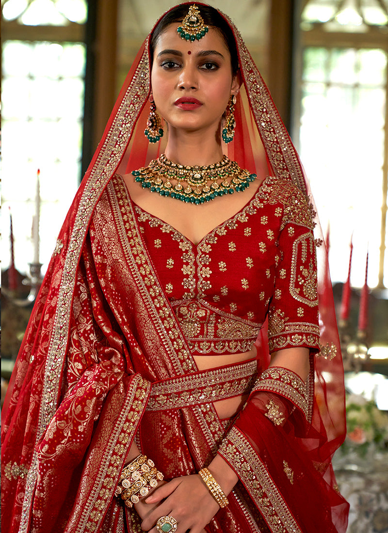 Tone Silk Deep Red Bridal Lehenga Choli with Sequin Work for Bridal Wear 384011