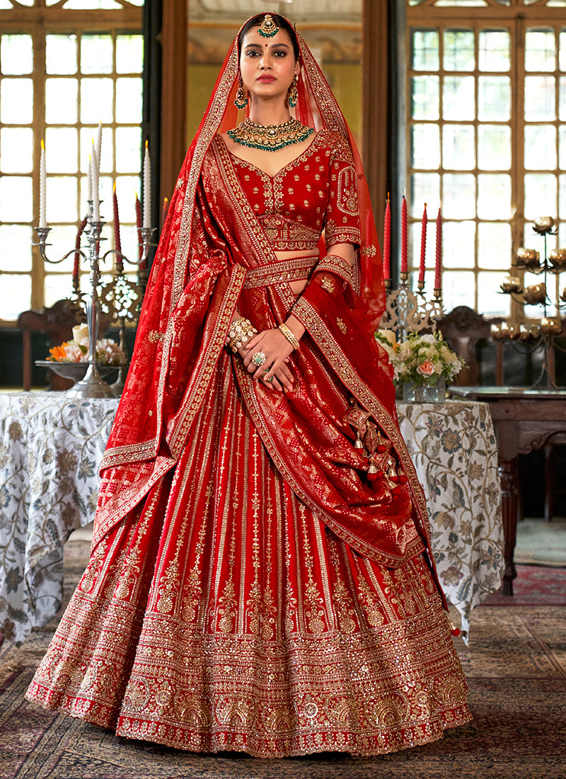 Tone Silk Deep Red Bridal Lehenga Choli with Sequin Work for Bridal Wear 384011