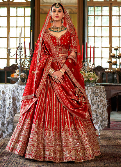 Tone Silk Deep Red Bridal Lehenga Choli with Sequin Work for Bridal Wear 384011