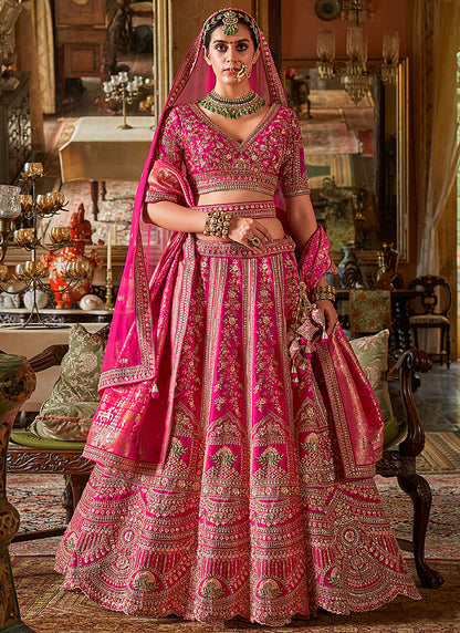Tone Silk Hot Pink Bridal Lehenga Choli with Sequin Work for Bridal Wear 384012