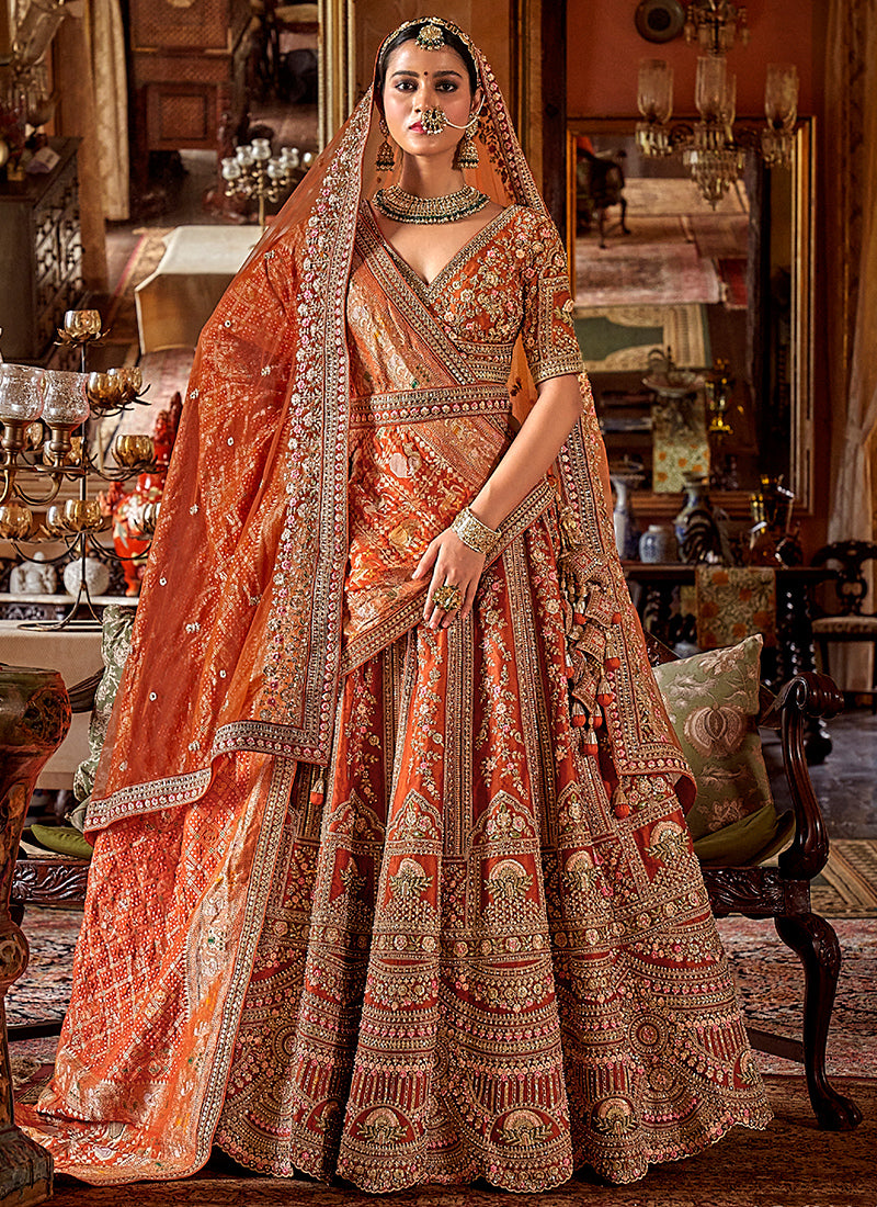 Tone Silk Orange Bridal Lehenga Choli with Sequin Work for Bridal Wear 384014