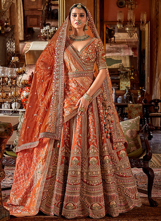 Tone Silk Orange Bridal Lehenga Choli with Sequin Work for Bridal Wear 384014