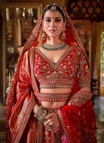 Tone Silk Red Bridal Lehenga Choli with Sequin Work for Bridal Wear 384015