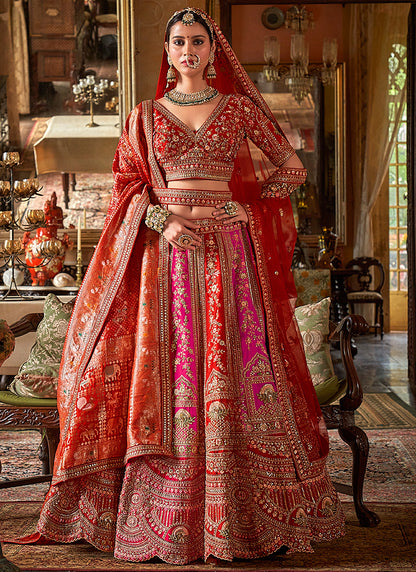 Tone Silk Red Bridal Lehenga Choli with Sequin Work for Bridal Wear 384015