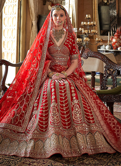 Tone Silk Red Bridal Lehenga Choli with Sequin Work for Bridal Wear 384016