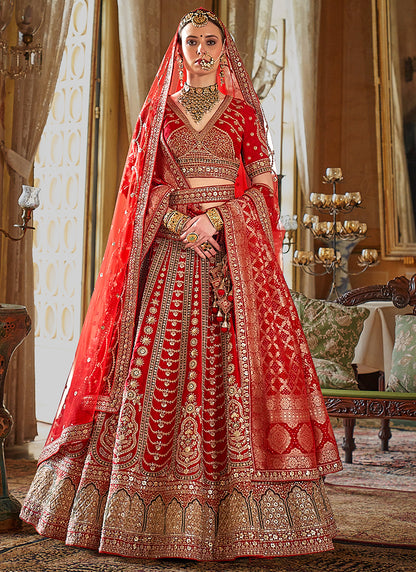 Tone Silk Red Bridal Lehenga Choli with Sequin Work for Bridal Wear 384016