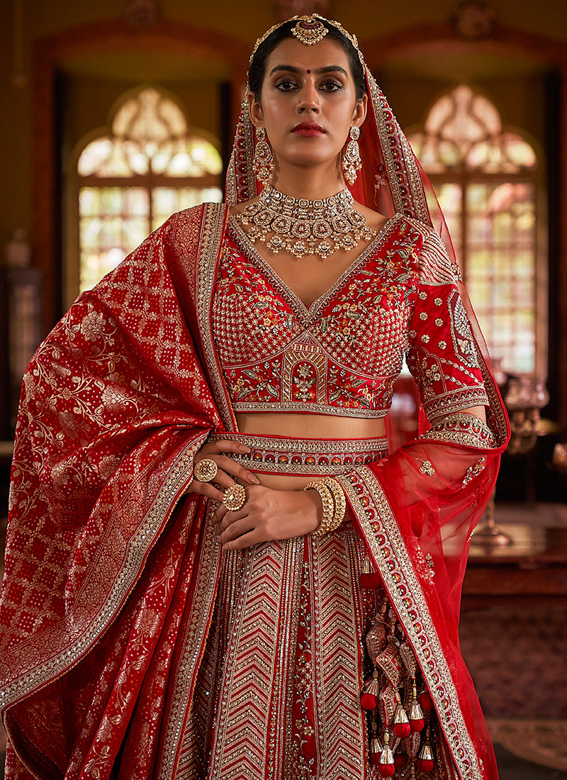 Tone Silk Red Bridal Lehenga Choli with Sequin Work for Bridal Wear 384020