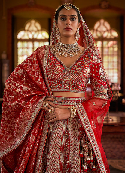 Tone Silk Red Bridal Lehenga Choli with Sequin Work for Bridal Wear 384020