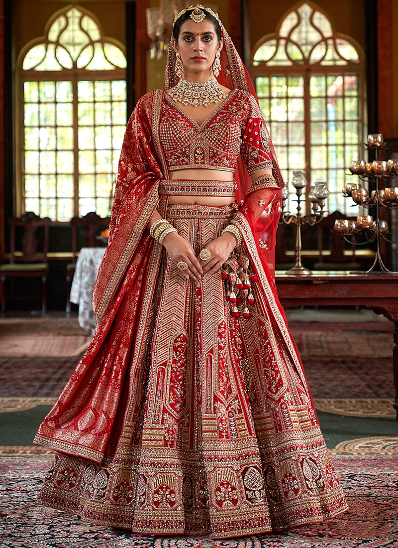 Tone Silk Red Bridal Lehenga Choli with Sequin Work for Bridal Wear 384020