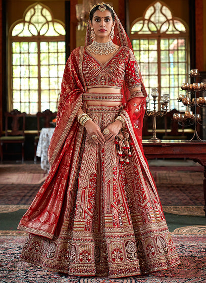 Tone Silk Red Bridal Lehenga Choli with Sequin Work for Bridal Wear 384020