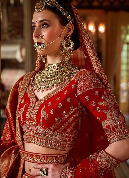 Tone Silk Red Bridal Lehenga Choli with Sequin Work for Bridal Wear 384021
