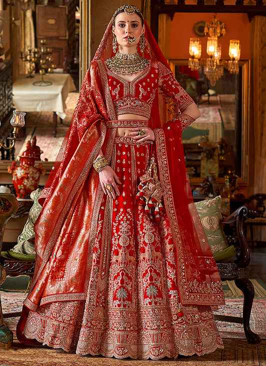 Tone Silk Red Bridal Lehenga Choli with Sequin Work for Bridal Wear 384021