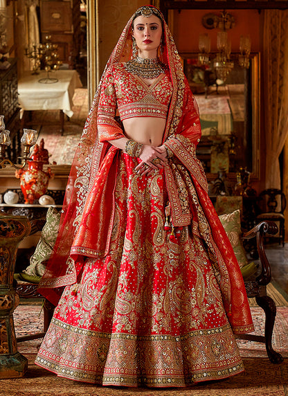 Tone Silk Red Bridal Lehenga Choli with Sequin Work for Bridal Wear 384025