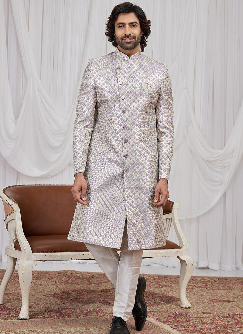 Light Purple Jaquard  Patten Pcs Wedding Wear Readymade Indowestern Suit SW698965