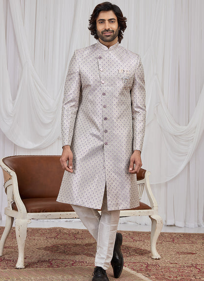 Light Purple Jaquard  Patten Pcs Wedding Wear Readymade Indowestern Suit SW698965