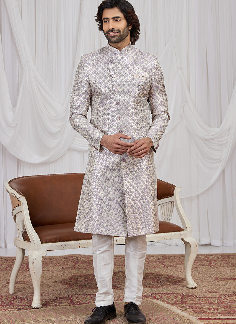 Light Purple Jaquard  Patten Pcs Wedding Wear Readymade Indowestern Suit SW698965
