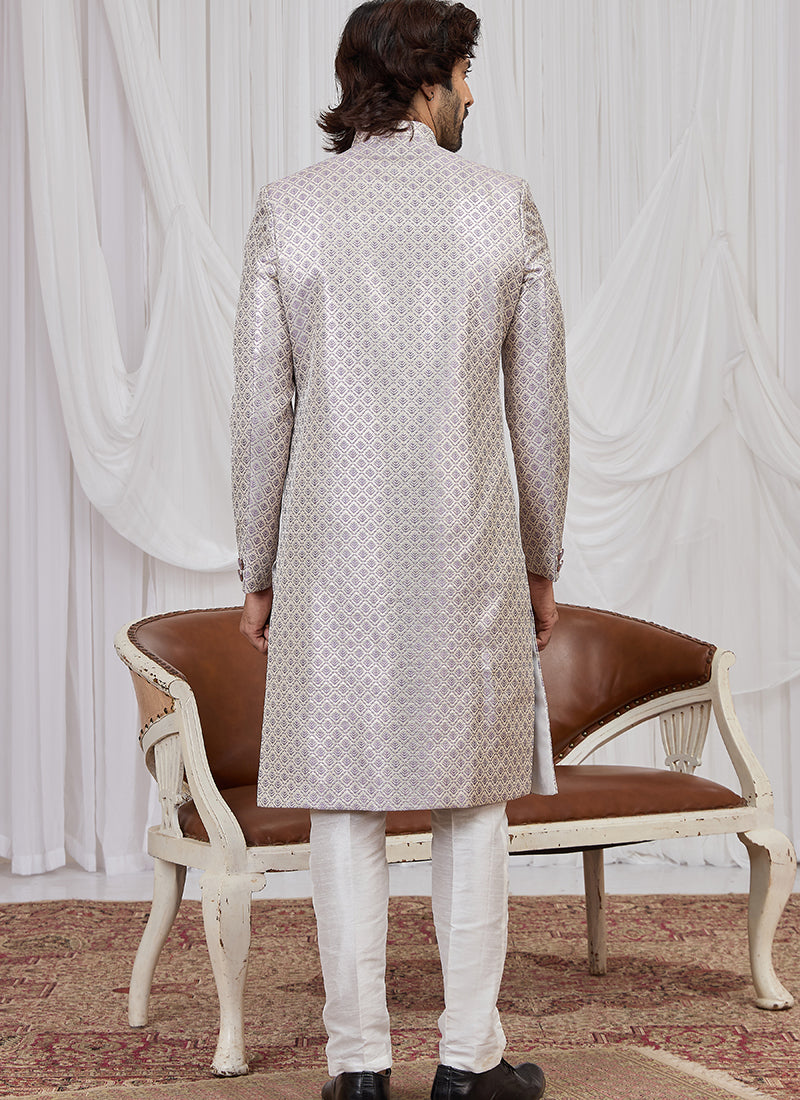Light Purple Jaquard  Patten Pcs Wedding Wear Readymade Indowestern Suit SW698965