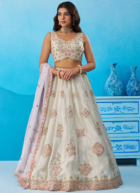 Peach Tissue Sequins Work Reception Wear Lehenga Choli SW849641