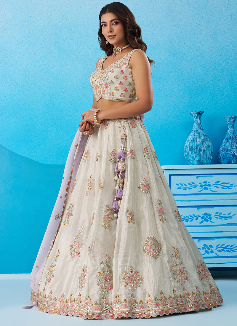 Peach Tissue Sequins Work Reception Wear Lehenga Choli SW849641