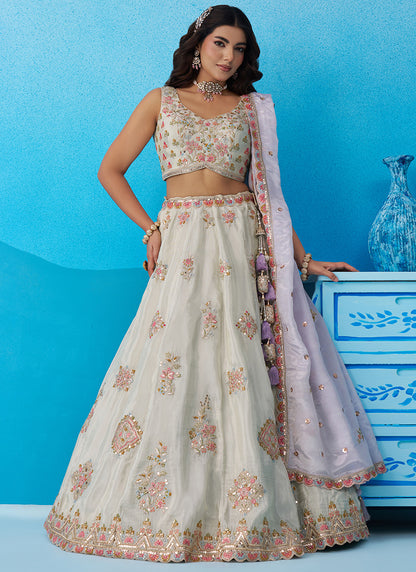 Peach Tissue Sequins Work Reception Wear Lehenga Choli SW849641
