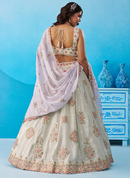 Peach Tissue Sequins Work Reception Wear Lehenga Choli SW849641