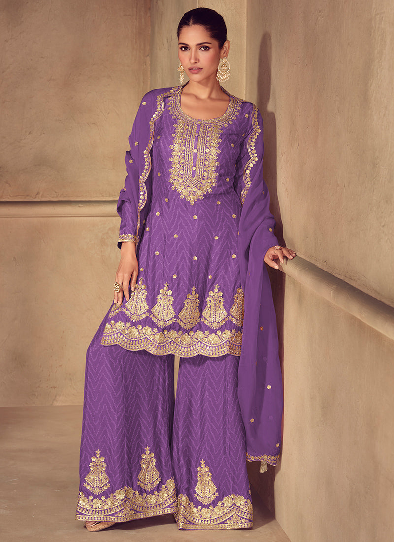 Chinnon Lavender Festival Wear Embroidery Work Readymade Palazzo Suit 385003