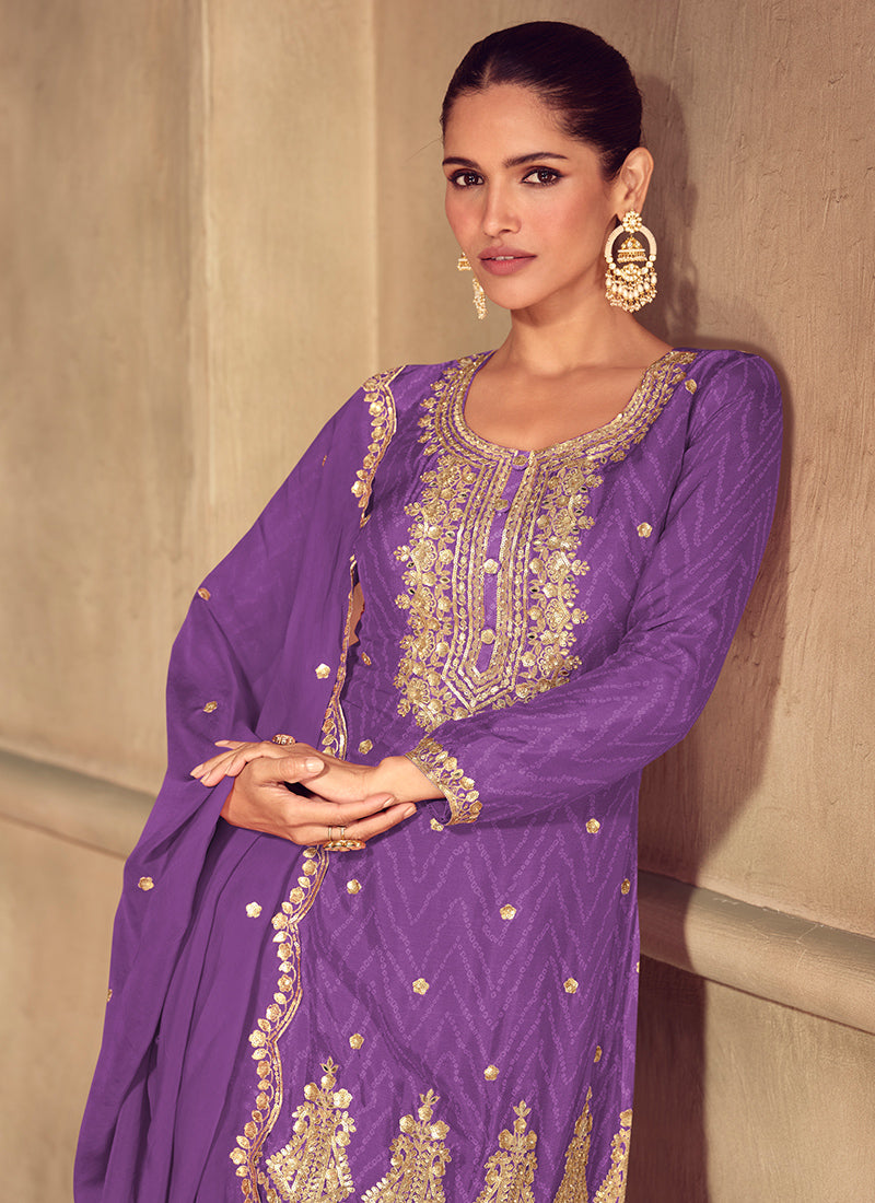 Chinnon Lavender Festival Wear Embroidery Work Readymade Palazzo Suit 385003