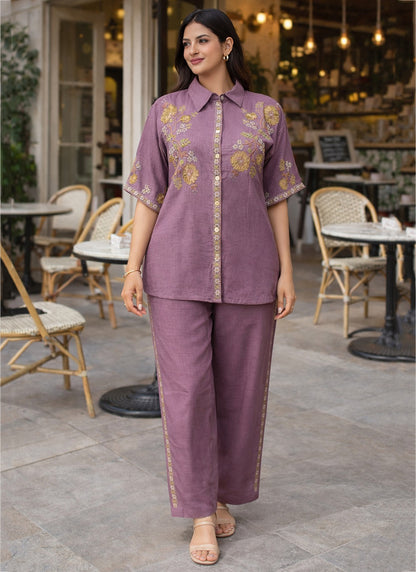 Lavender Cotton Thread Work Casual Wear Readymade Cord Set SW523252