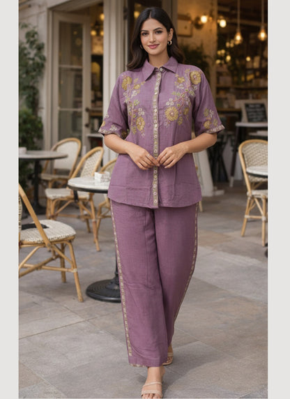 Lavender Cotton Thread Work Casual Wear Readymade Cord Set SW523252