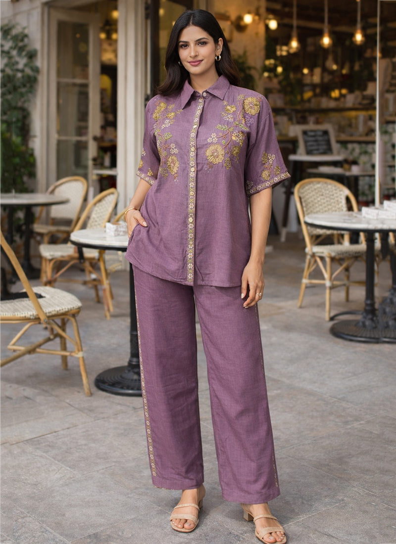 Lavender Cotton Thread Work Casual Wear Readymade Cord Set SW523252