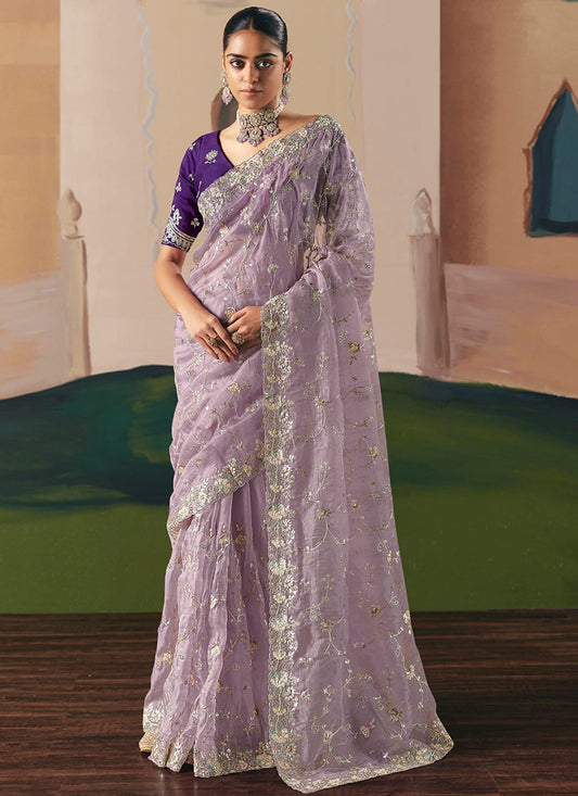 Fancy Fabric Lavender Saree with Embroidery Work for Wedding Wear 384686