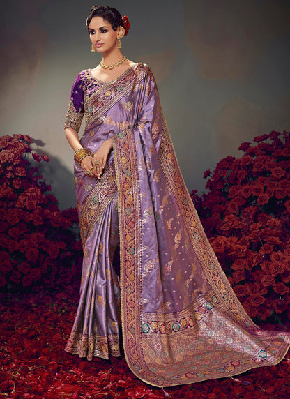Fancy Fabric Lavender Wedding Wear Embroidery Work Saree 385867