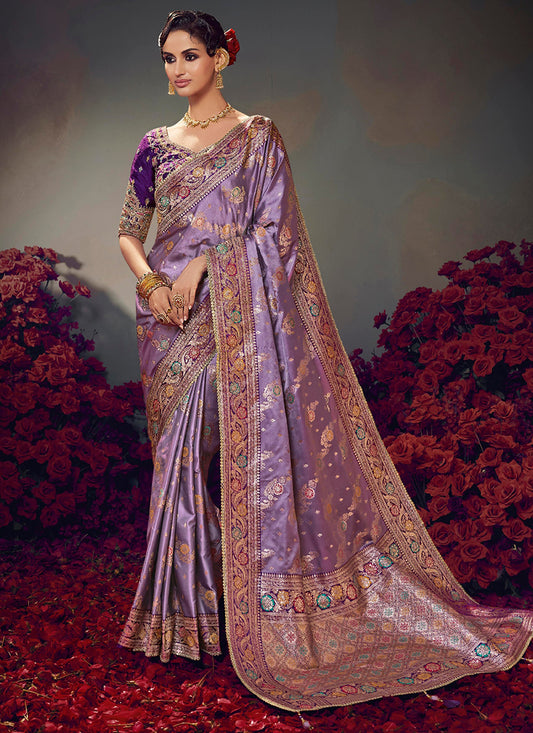 Fancy Fabric Lavender Wedding Wear Embroidery Work Saree 385867