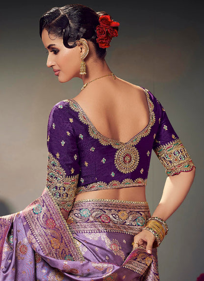 Fancy Fabric Lavender Wedding Wear Embroidery Work Saree 385867