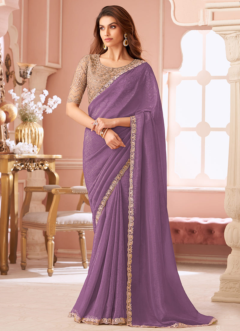 Georgette Lavender Saree with Border Work for Festival Wear 381878
