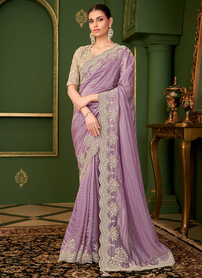 Georgette Silk Lavender Wedding Wear Zari Embroidery Work Saree 386653