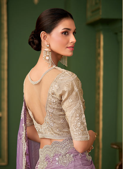 Georgette Silk Lavender Wedding Wear Zari Embroidery Work Saree 386653