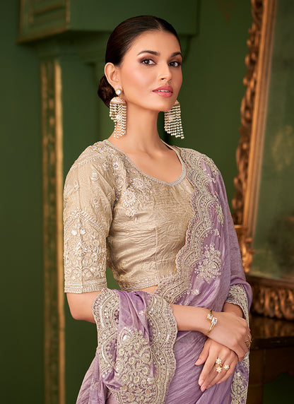 Georgette Silk Lavender Wedding Wear Zari Embroidery Work Saree 386653