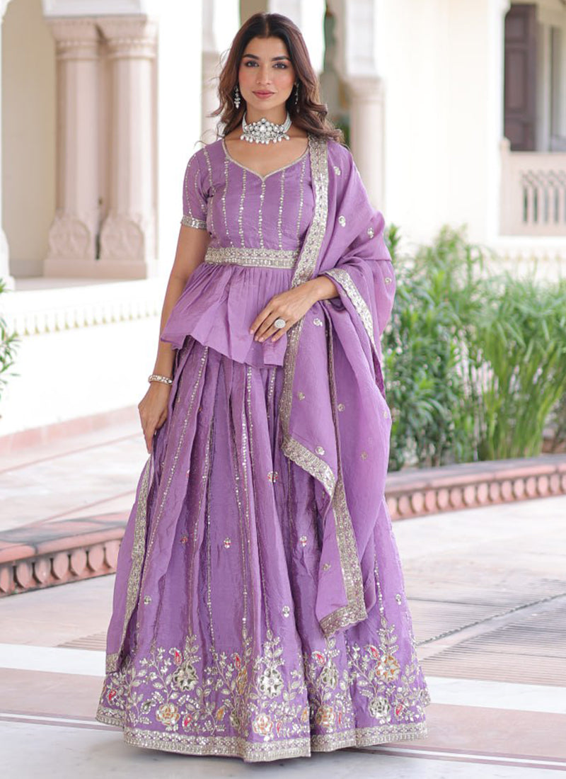 Gold Crush Lavender Festival Wear Sequins Work Readymade Lehenga Choli 388551