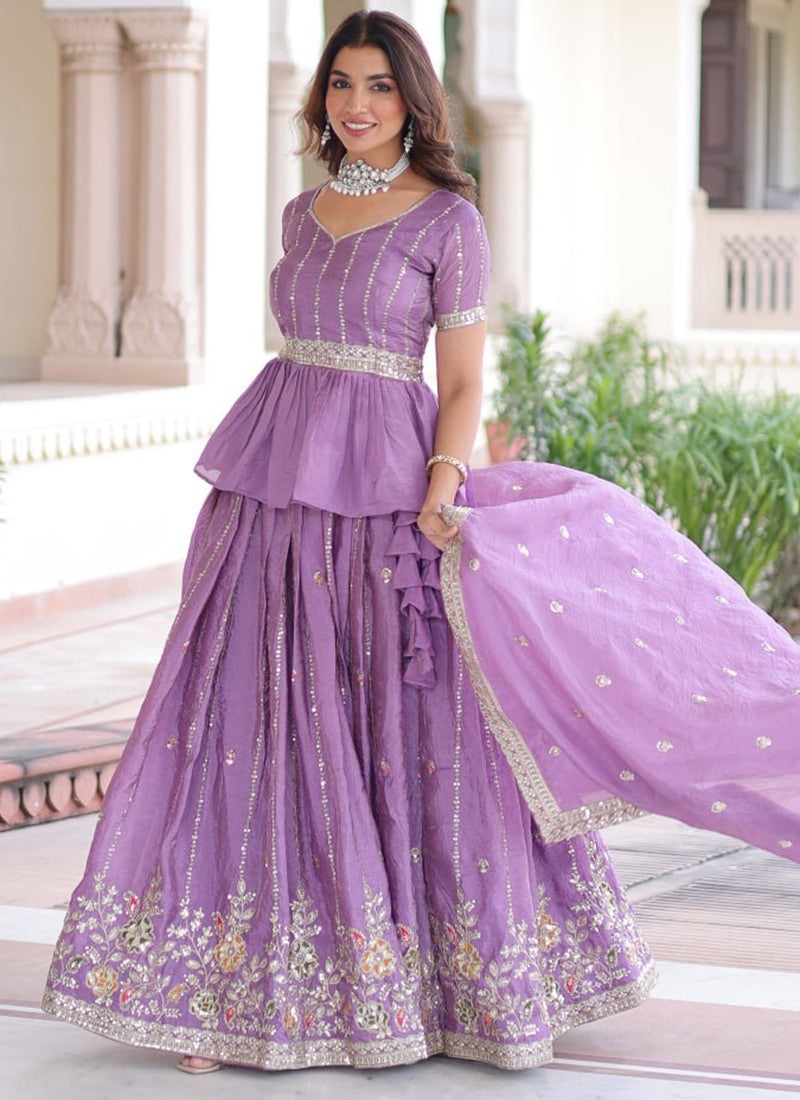 Gold Crush Lavender Festival Wear Sequins Work Readymade Lehenga Choli 388551